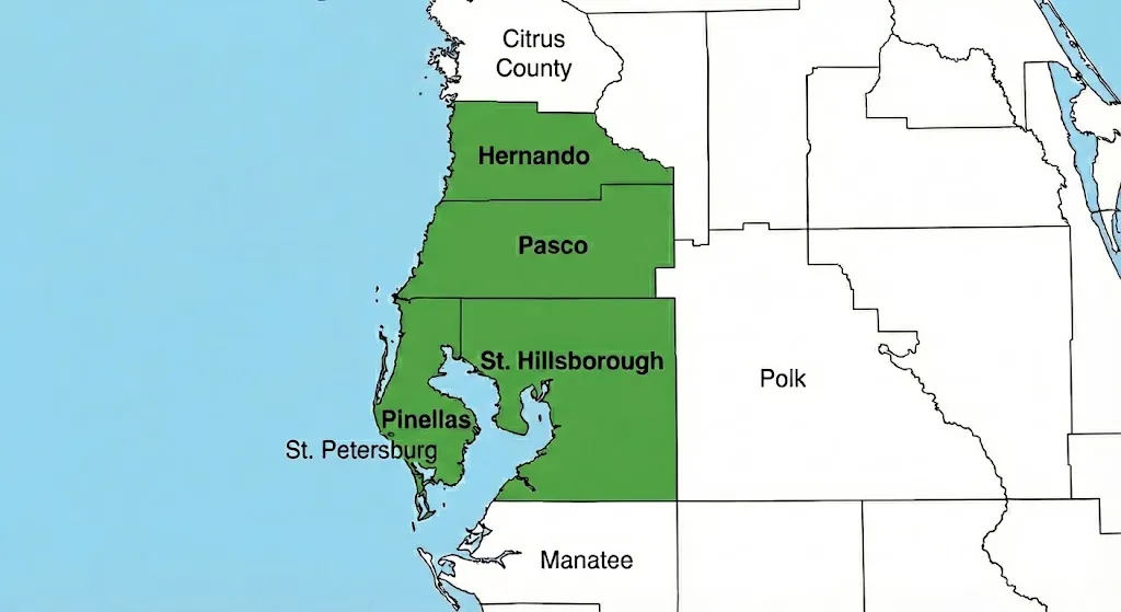 Tampa Land Prep service area map showing Hillsborough, Pasco, Pinellas, and Hernando counties